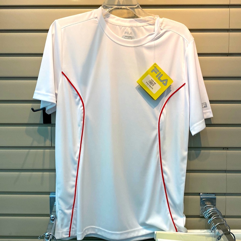 Fila white with red stripes, mens performance shirt.